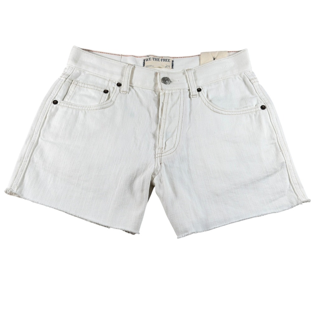 We The Free Ivy Mid Rise White Denim Shorts Button Fly Raw Hem Women Size 24 NEW